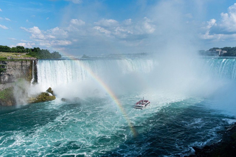 Duha nad vodopády Horseshoe Falls.